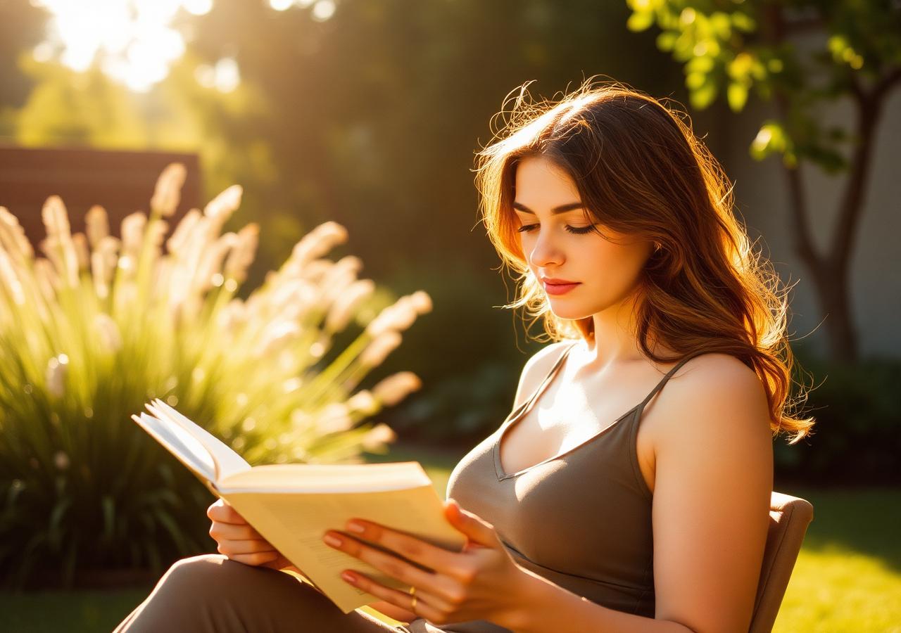 A woman reading a book in a sunlit garden